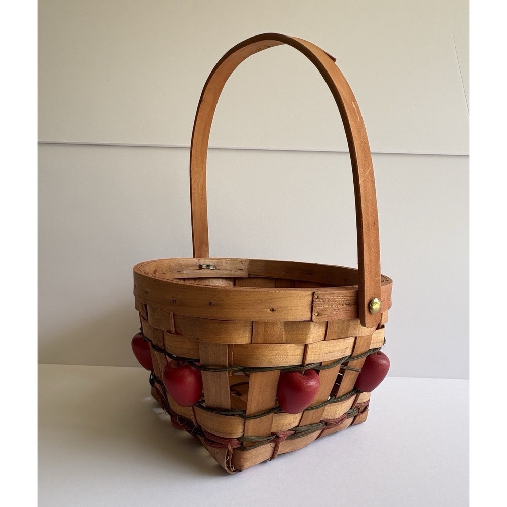 Wood Woven Oval Basket w/ Handles Apple Fruit Theme Brown Red Green 9x6x12"